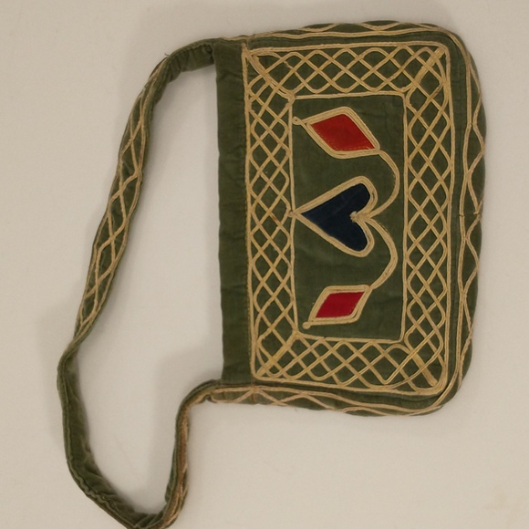 Authentic 70s Vintage Bohemian Velvet Purse Cotton w Applique sm Boho Handbag - Picture 3 of 9